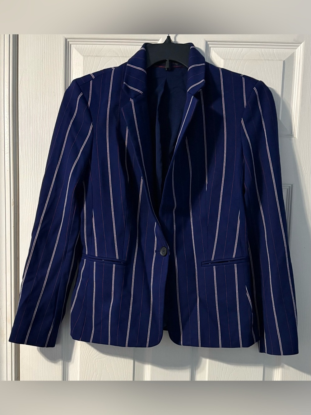 Express Navy Blazer with White and Red Pinstripes